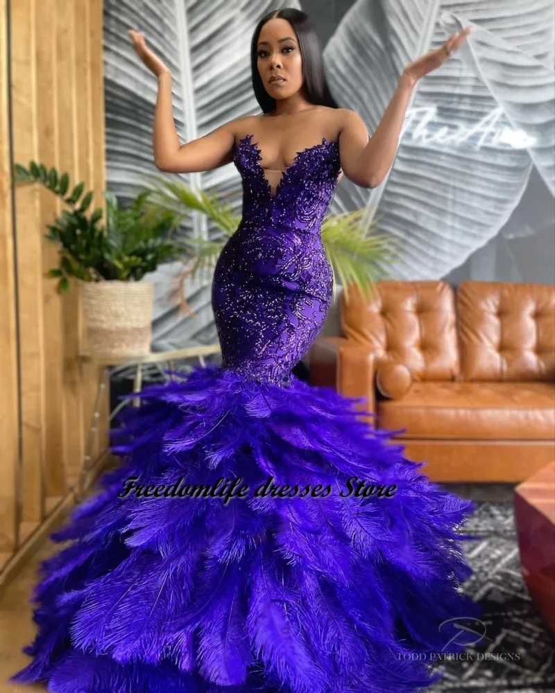 Sexy Purple Feathers Mermaid Prom Dresses 2022 Sweetheart Sequin African  Girls Evening Party Gowns robe de soirée de mariage - AliExpress