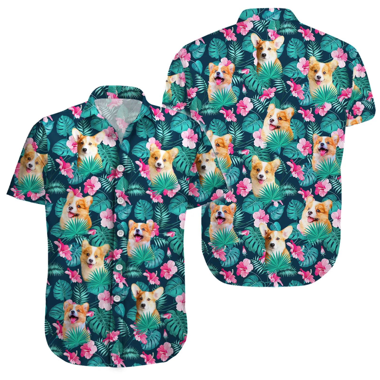 

Corgi Tropical Hawaiian Palm Trees Shirt, Button Down Short Sleeve Tropical Holiday Beach Shirt, Cute Dog Lover Gifts