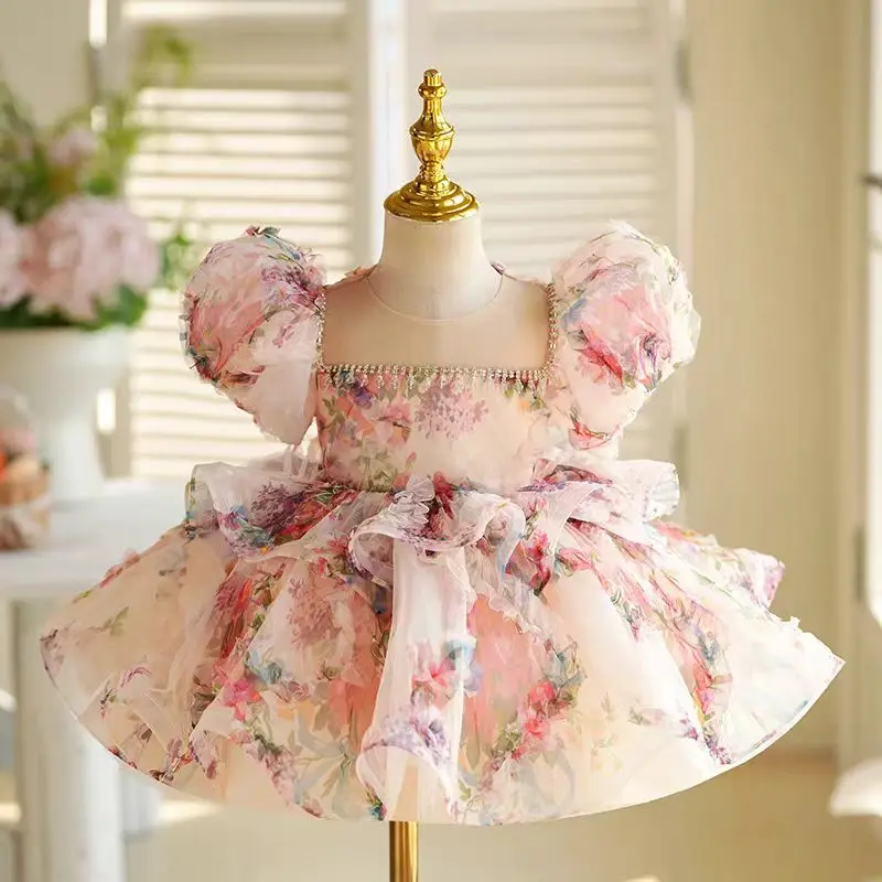 Floral Puffy Sleeve Princess Girl Dress Knee Length Toddler Kids Wedding 1st Birthday Pageant Party Ball Gown J410