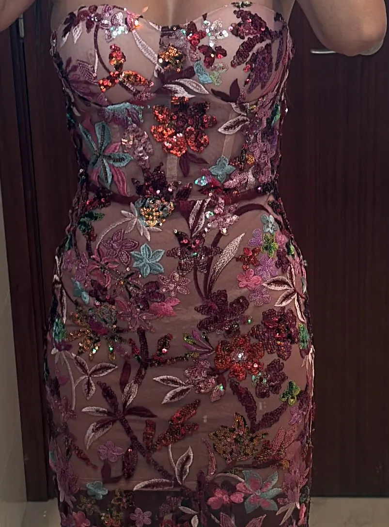 Floral Embroidery Sequins Long Dress Strapless Mesh Patchwork Backless Slim Cocktail Evening Party Gowns