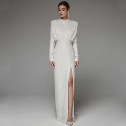 Chic High Neck Shiny Evening Dress Pleat Long Sleeve Straight Floor Length Sexy Side Slit Women Party Elegant Backless Gowns