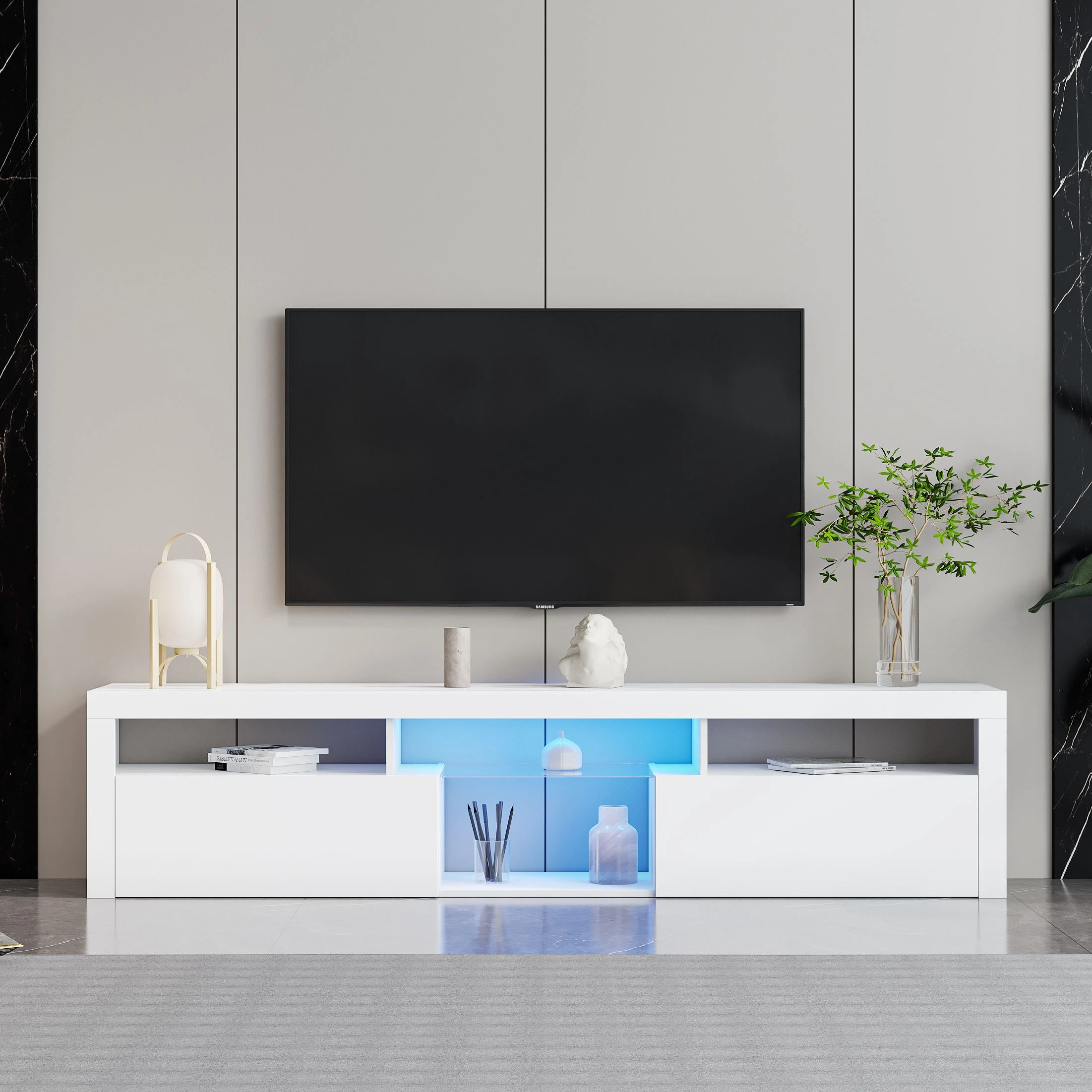 Meuble Tv Pour Chambre A Coucher Meuble TV LED Simple et moderne de 70 pouces, avec 2 armoires de rangement  et étagères ouvertes, montage mural pour salon et chambre à coucher, blanc,  [US W], vente Flash | AliExpress