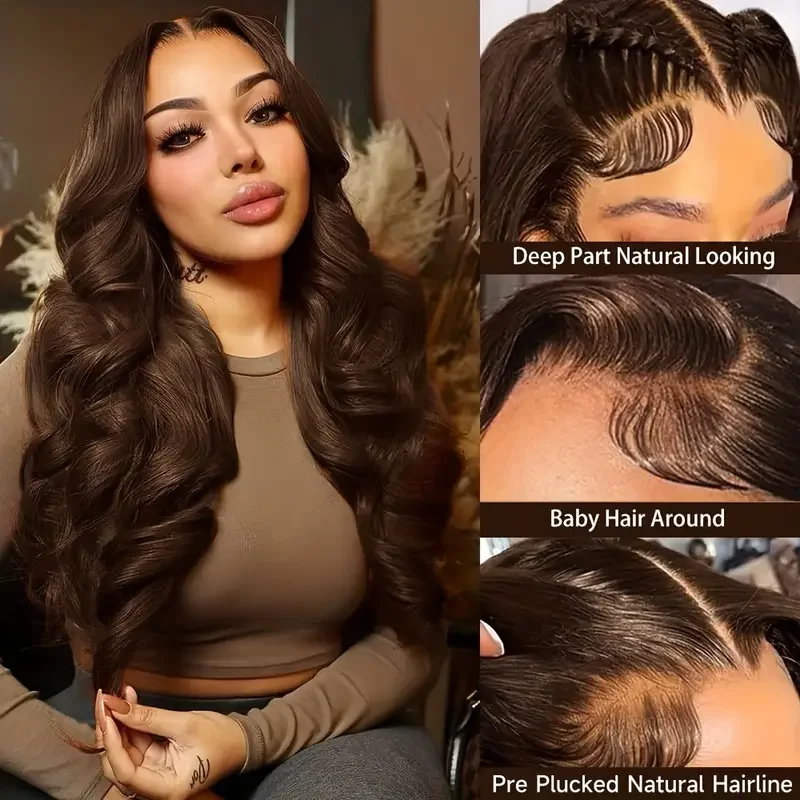 250% Density 13X4 Body Wave Transparent Lace Front Wigs Human Hair Chocolate Brown Color Pre Plucked Transparent Lace Wigs