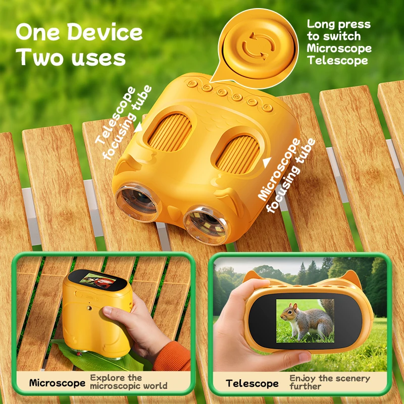 2-in-1 어린이 현미경 망원경 2.0인치 1000배율 HD 휴대용 교육용 망원경 어린이 생일 축제 선물 과학 재미있는 장난감