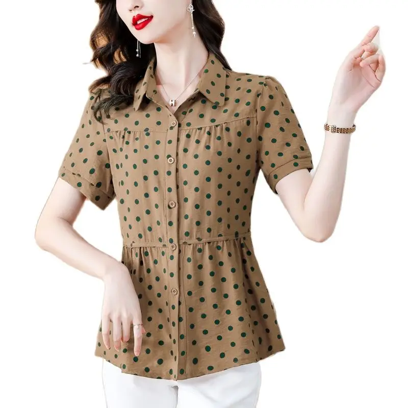 

female Polka Dot Short Sleeve Shirt - Collared, Cotton Linen Material, Waist Cinched, Single Button, Summer Blouse