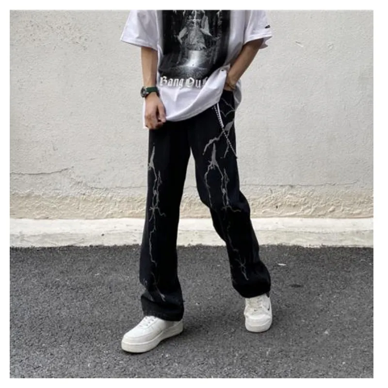 Lightning Pants Jeans Men's Fashion Streetwear Hole Slim Y2k Man Woman Trendyol Print Korean Hip Hop Baggy Electricity Trousers