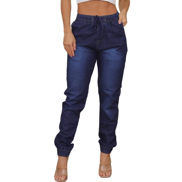 Calça Jogger Jeans Feminina Com Elástico Cintura Alta
