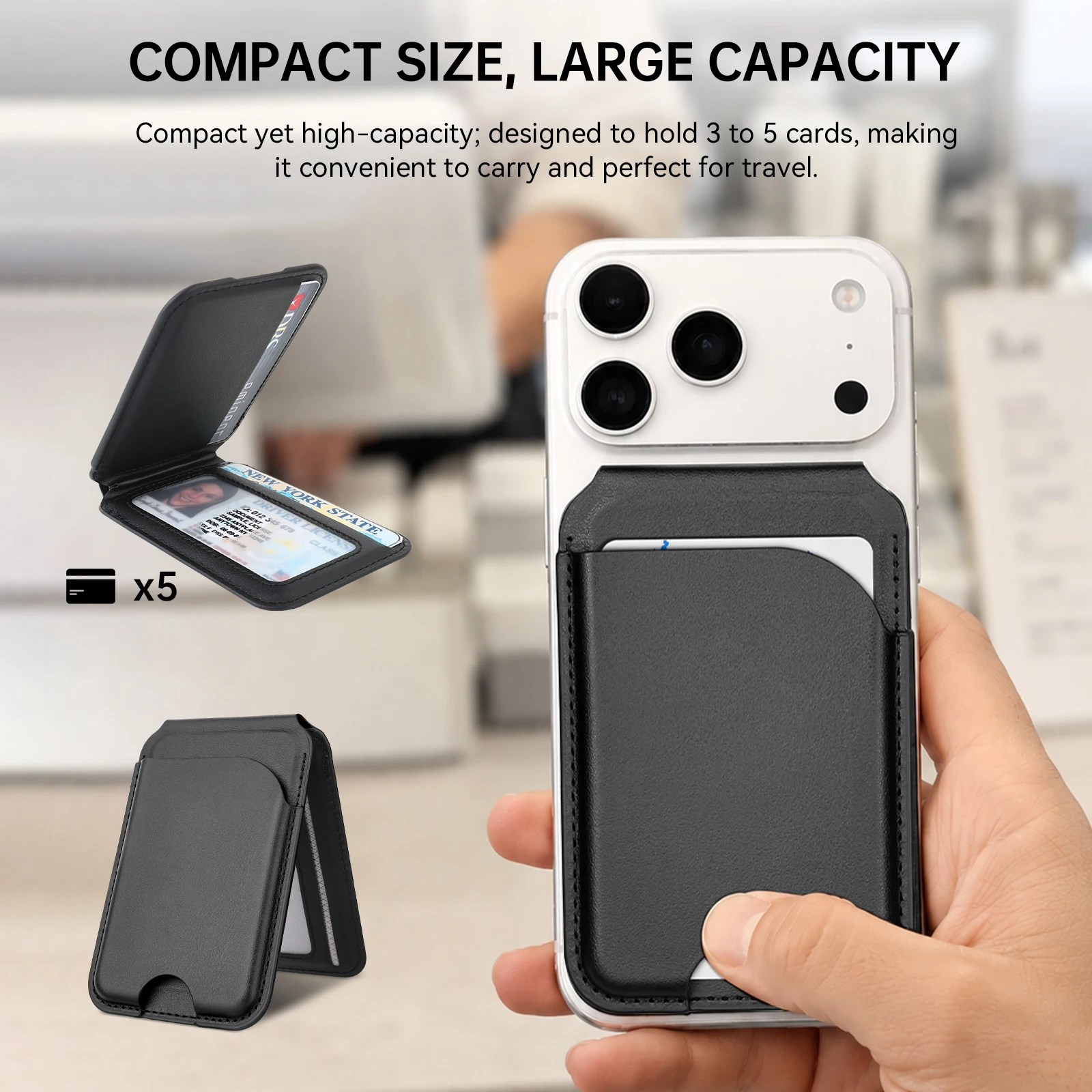 Portafoglio Magnetico per Mag-Safe con Supporto Regolabile, Porta Carte, Blocco RFID, Portafogli in Pelle Aggiornati Compatibili - immagine 5