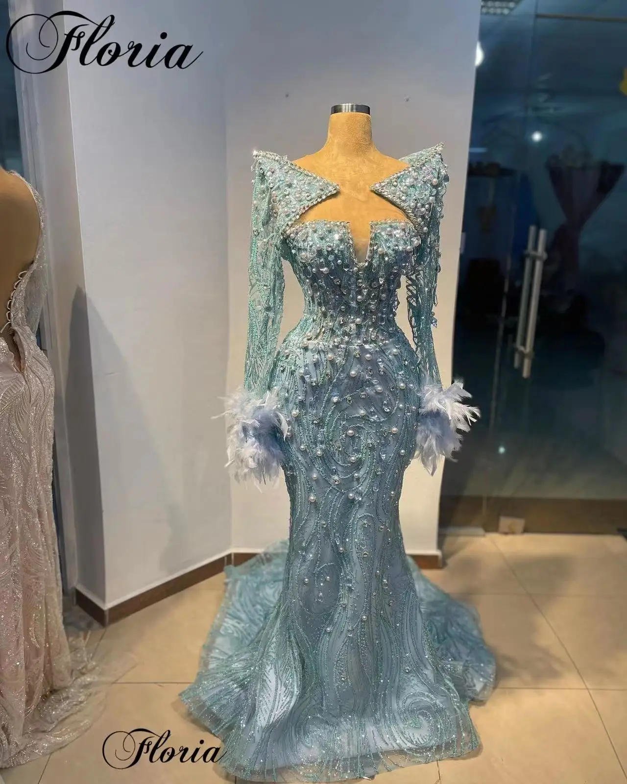 Blue Special Cocktail Dresses With Pearls Long Sleeves Designer Evening Gowns For Women Robes De Soir&eacute;e Prom Dresses Mermaid