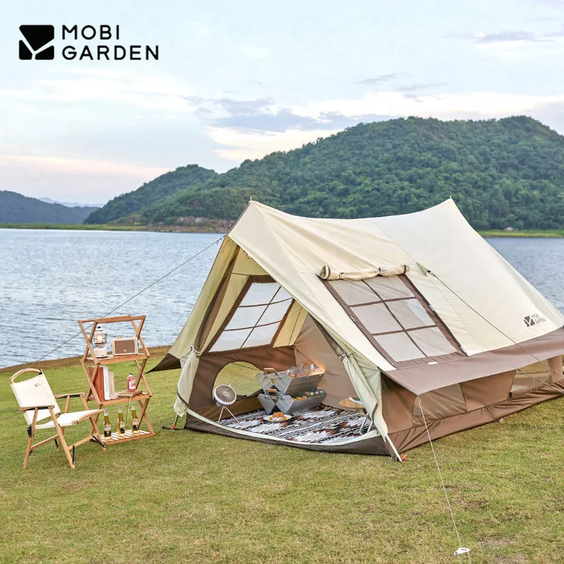 MOBI GARDEN Era 190 럭셔리 캠핑 텐트, 5.7 평방 미터 넓은 공간 코튼 릿지 텐트, 통기성 오두막, 야외 가족 피크닉 여행, 3-4 인용