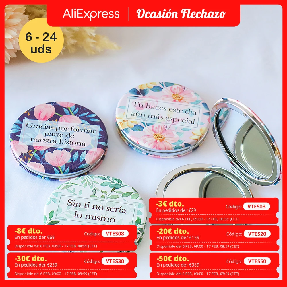 Lote de 6 a 24 unidades de Espejo de bolsillo, 3 modelos florales, Decorados con frases, Detalles invitados para bautizo, Detalles para bodas invitados, Detalles dama de honor, Recuerdos de boda, Regalantes Store