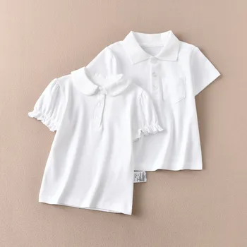 Polo da ragazza in cotone per bambini T-shirt bianca a maniche corte ampia e traspirante taglia 90-170 1