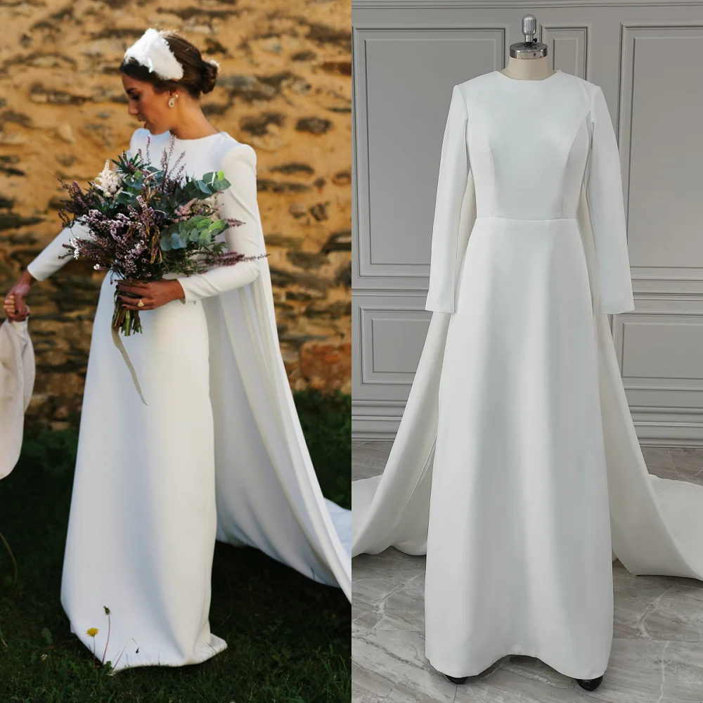 

19515# Real Photos Long Sleeves O-Neck Satin Wedding Dress With Detachable Cape Backless Bride Gown For Women Vestido De Novia