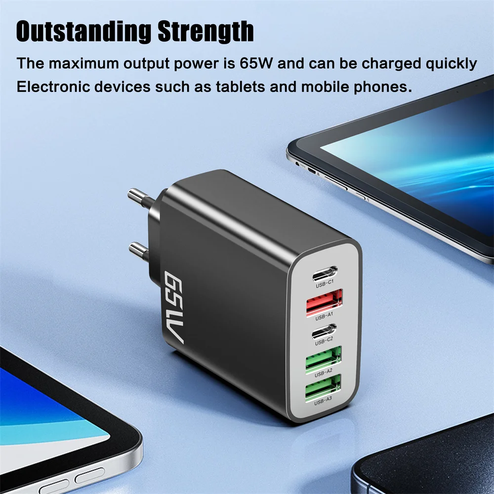 65W 5 Ports Fast Charging Charger USB C PD Quick Charger High Speed Charger Phone Type C Wall Adapter for iPhone Samsung Xiaomi