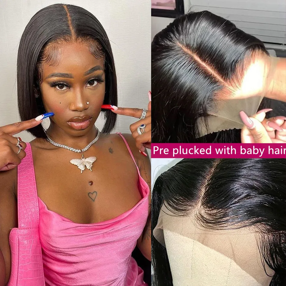 Bone Straight Short Bob 13x4 Lace Front Human Hair Wig Brazilian Remy Pre Plucked 180 Density 4x4 Closure Wigs For Women