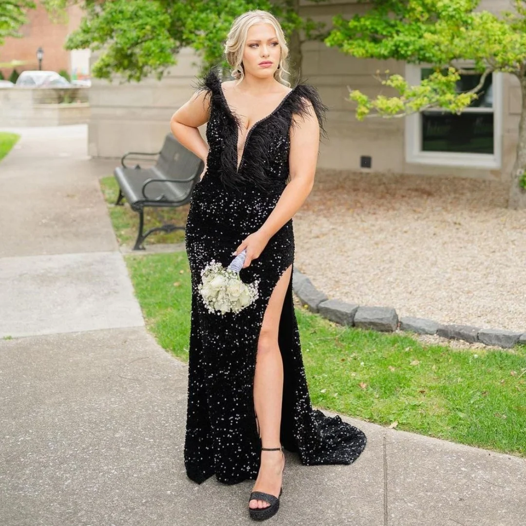 

Коктейльные платья с блестками, перьями, V-образным вырезом, на бретельках, с открытой спиной, длинное платье для выпускного вечера, сексуальные женские платья для свадебной вечеринки