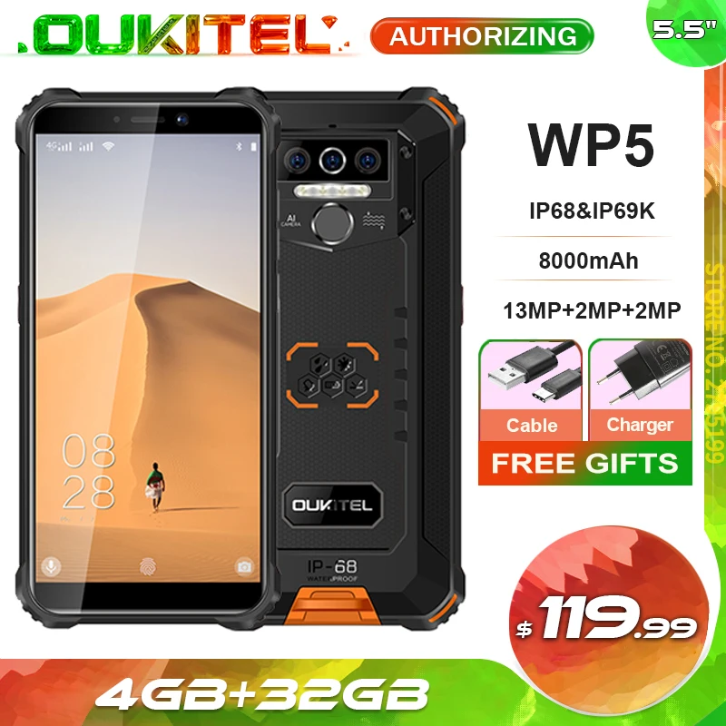 

OUKITEL WP5 8000mAh 5.5'' IP68 Waterproof Smartphone 4GB 32GB Quad Core Triple Cameras Android 9.0 5V/2A Mobile Phone