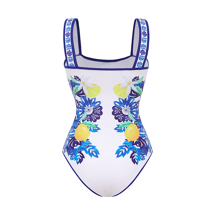 Women One Piece Plant Prints V-Neck Swimsuit and Skirt/Sarong