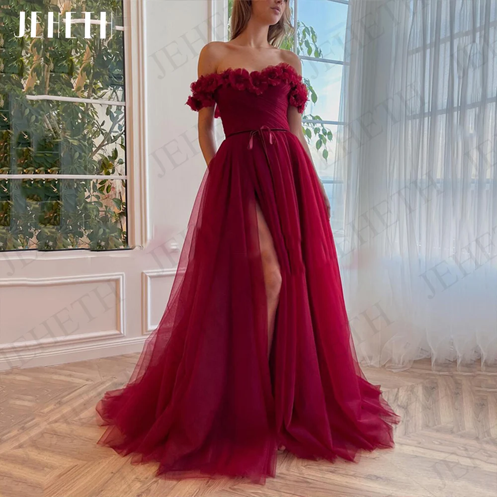 

JEHETH Prom Dresses For Women Off Shoulder Vestidos De Gala Elegant 3D Flowers Split Evening Burgundy Tulle Party Gown A Line