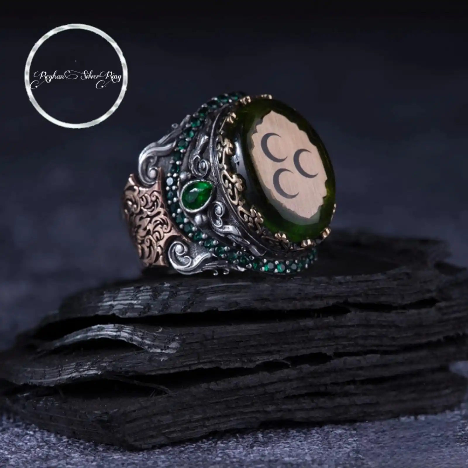 

Ювелирные изделия из натурального камня для мужчин-серебряное кольцо ручной работы из зеленого янтаря с дизайном Полумесяца-ювелирные изделия ручной работы-подарок для Него