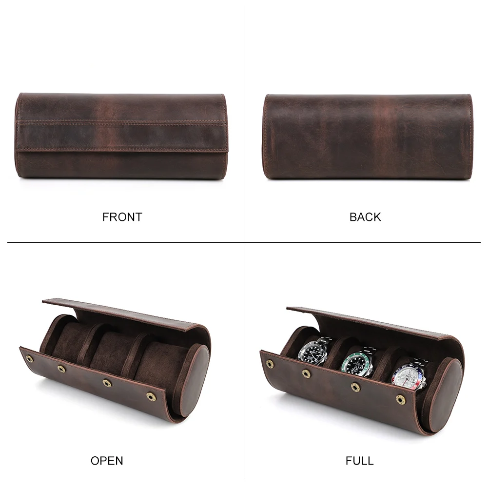 CONTACT'S FAMILY 3 Slots Watch Roll Case Crazy Horse Leather Men Watch Organizer Display Watch Storage Box Jewelry Pouch Holder