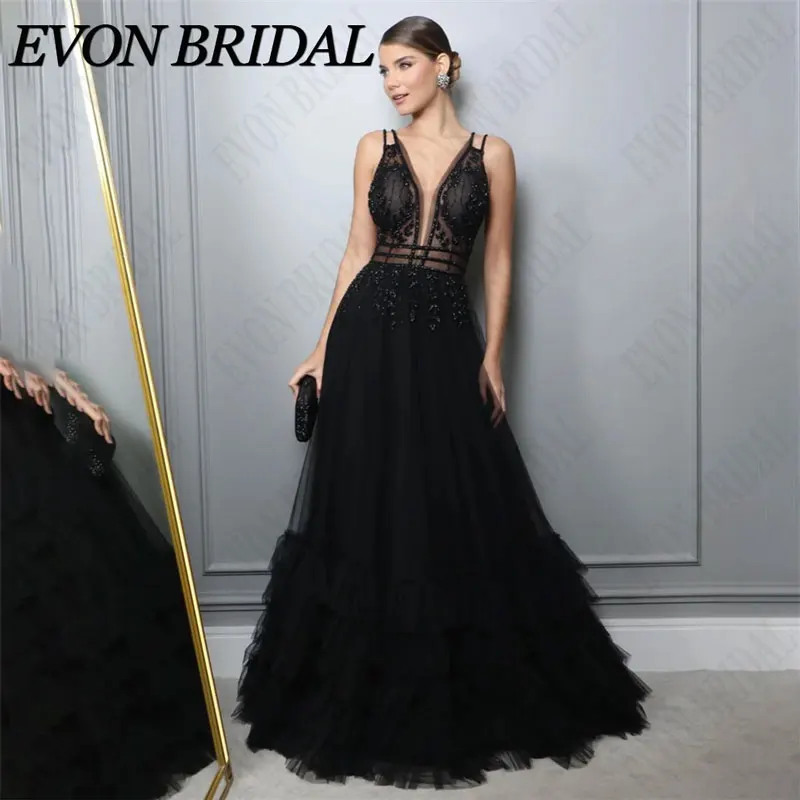 

EVON BRIDAL A-Line Spaghetti Straps Evening Dresses Tulle V-Neck Sleeveless Backless Party Prom Gowns Robe De Soiree Custom Made