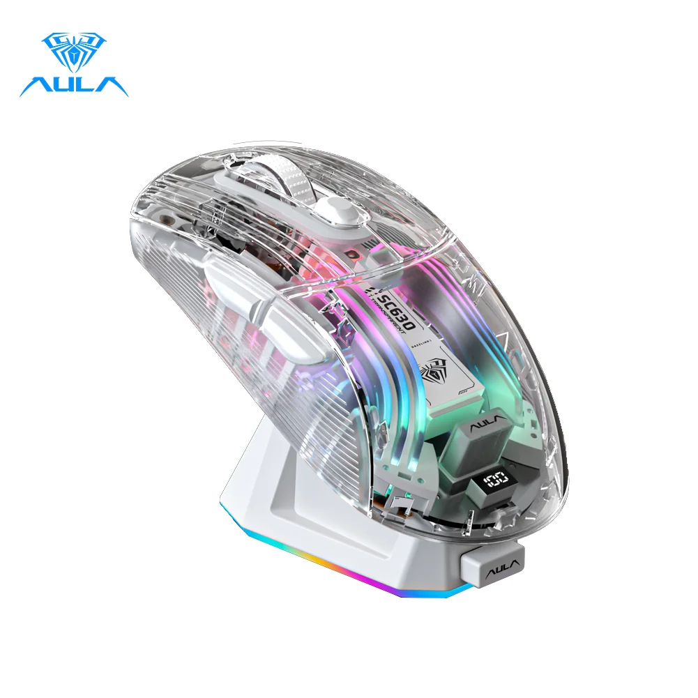 AULA SC630 Tri-mode Wireless RGB Mouse 4000 DPI Transparent 11 RGB Light Modes With Charging Base For Wireless Mouse Wireless Optical Mouse