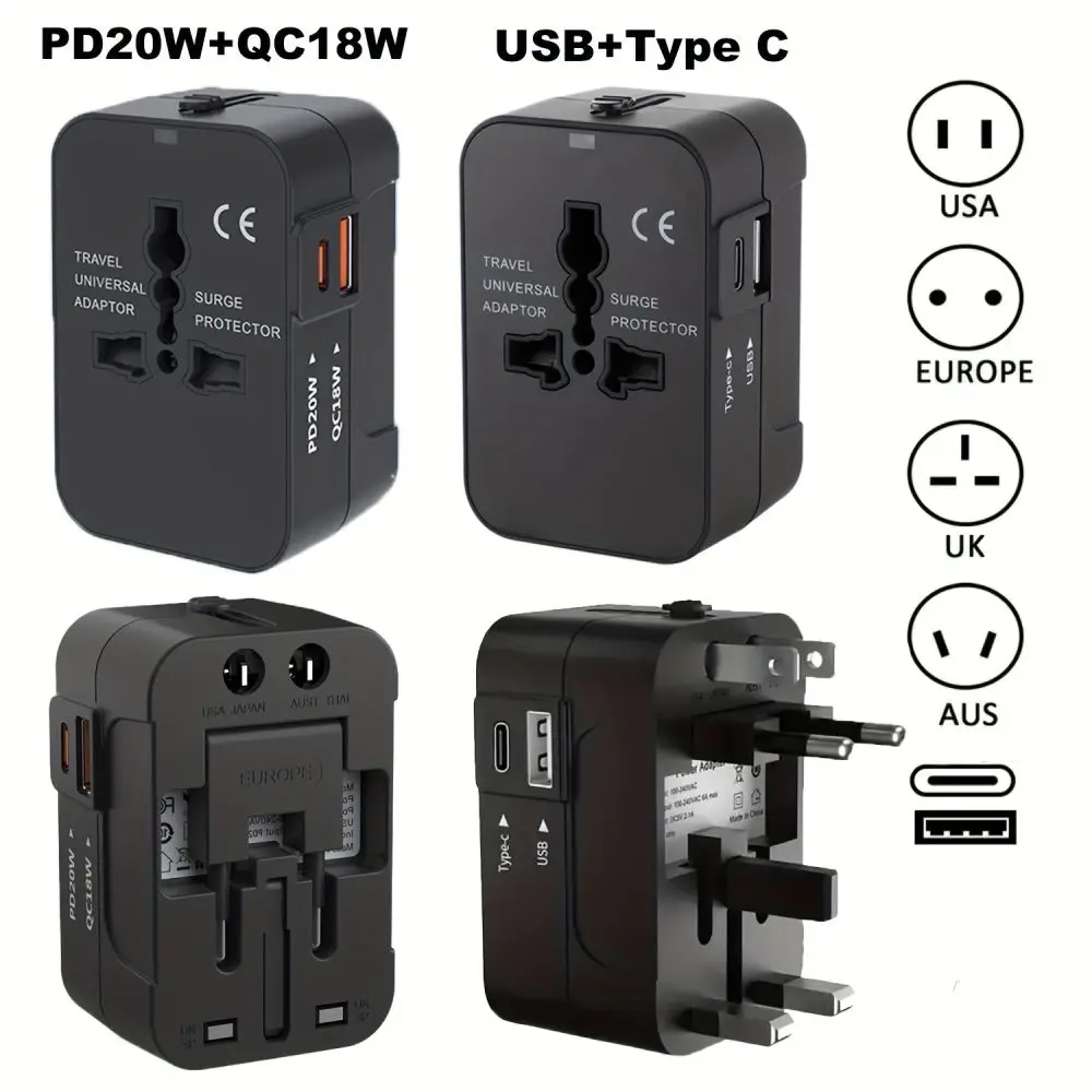 Universal Travel Adapter International All in One PD20W & QC18W Power Plug Wall Charger USB C Charging Ports for USA EU UK AU