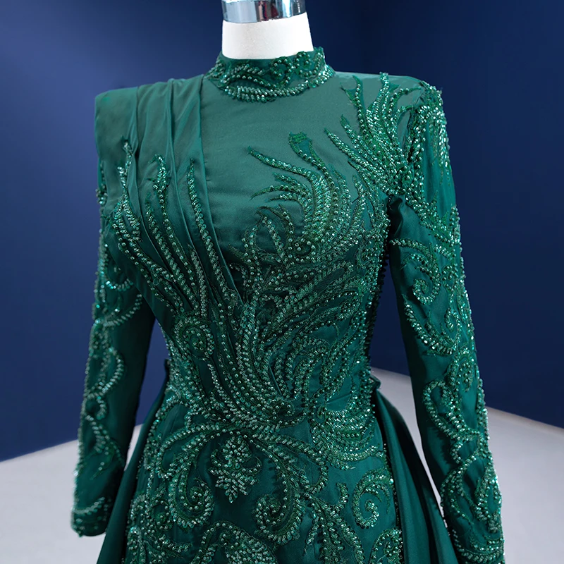 RSM67496 Muslim Long Sleeve Evening Dress High Neck Beading Satin Lace Up Back Elegant Green Formal Dress 2 In 1 5