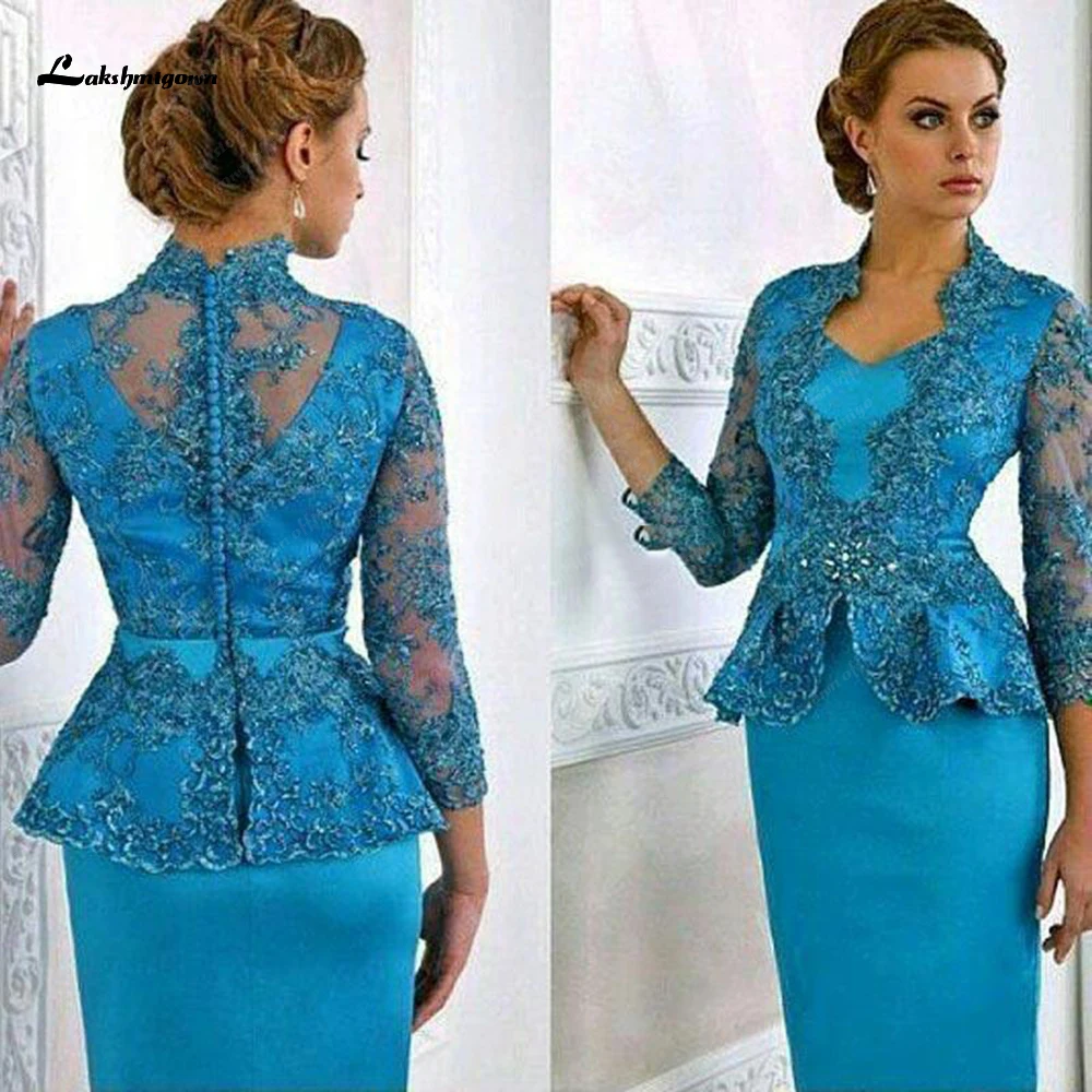 Mother Bride Dresses Modest Sheath Lace Mother Of The Bride Dresses Long Sleeves V Neck Peplum Evening Gowns Knee Length Satin Wedding Guest Dre