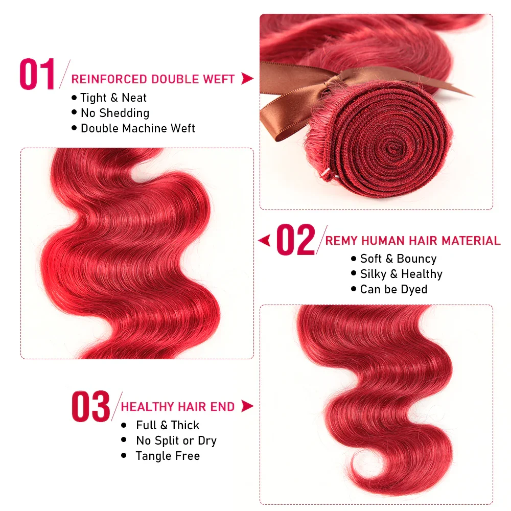 Red Color Brazilian Body Wave Bundles With Closure Remy Hair Weave Bunldes Hair Extension For Black Women 3 Bundles Human