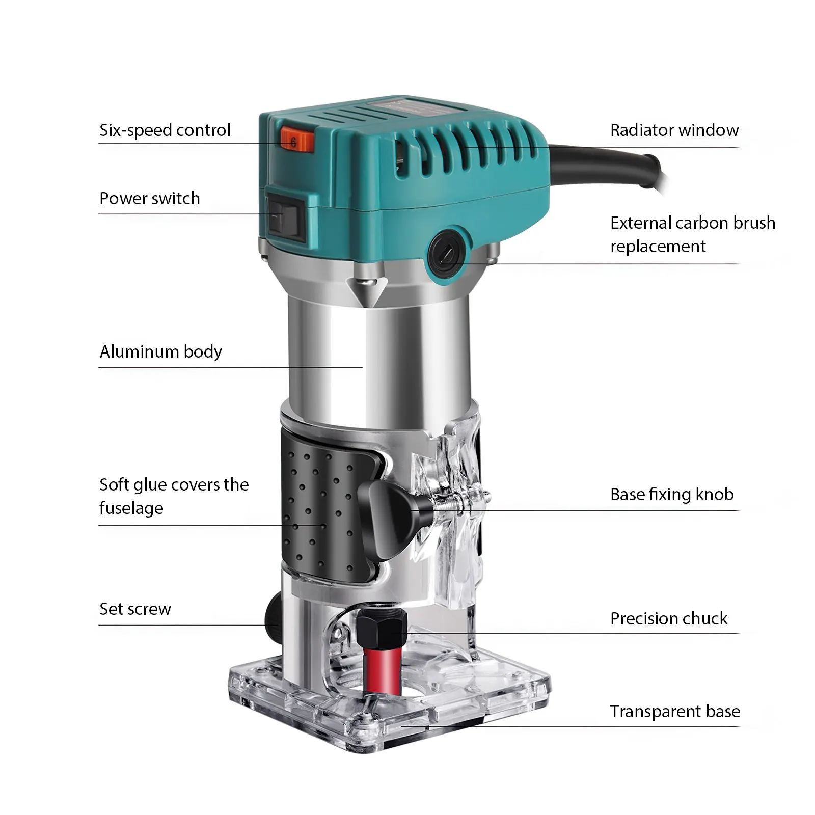 Elektrisk kanttrimmer visas upprätt på en arbetsyta