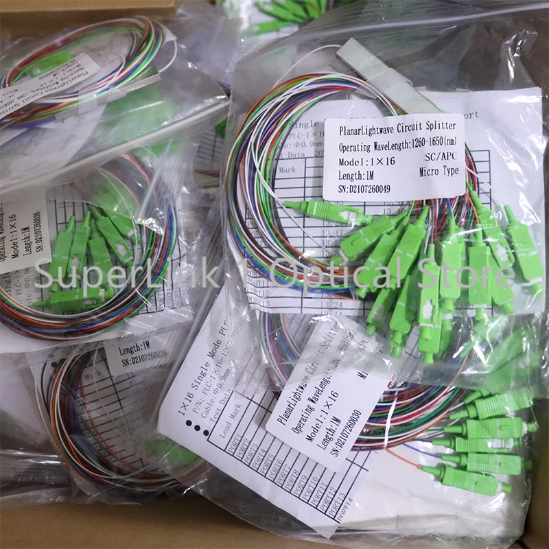 Free shipping 5 PCS/Lot 1X16 PLC Fiber Optic Splitter Color SC/APC SM 0.9mm G657A1 PVC 1m FTTH Fiber Optic Splitter Unequal