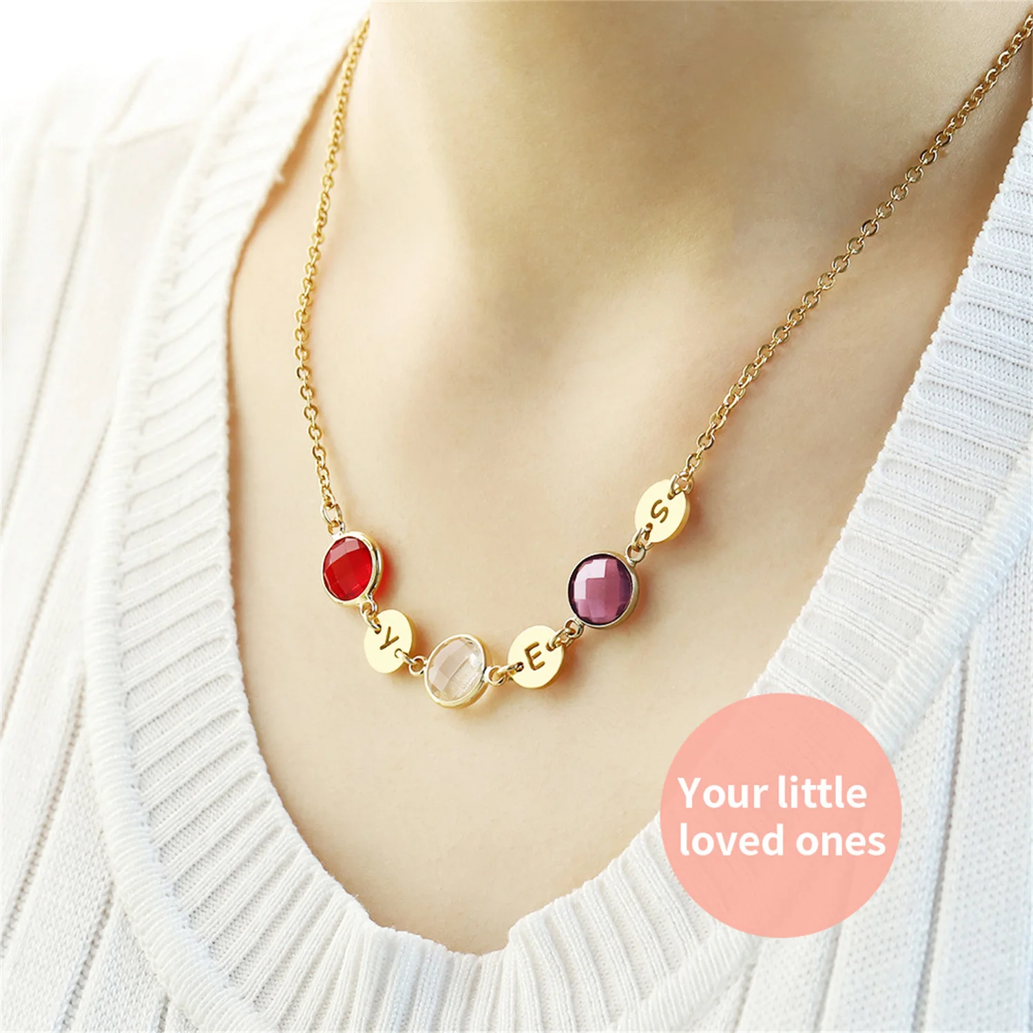

Custom Round Initial Letters Name Necklace With Birthstone Jewelry Personalized Colorful Diamond Pendant Souvenir Gift For Women