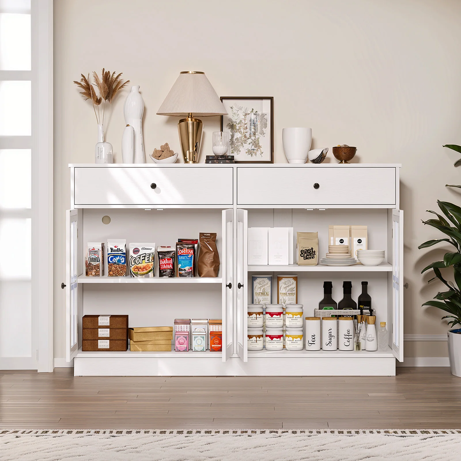 Christmas 53" Buffet Cabinet LED Light Storage Sideboard Cabinet With Spacious Tabletop 2 Sliding Drawers Clear Display Doors