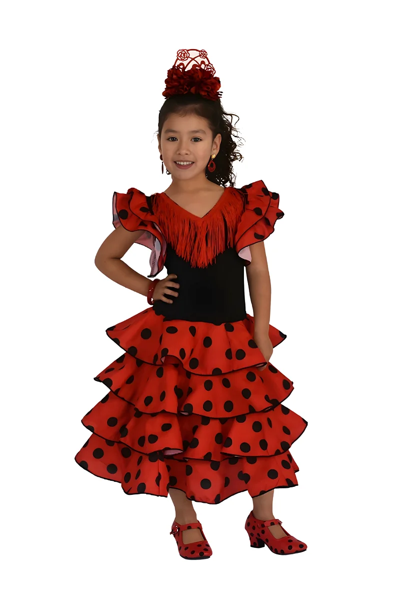 Falda de Flamenca / Sevillana con Volantes para Niña y Mujer Color Negro  Lunares Fucsia