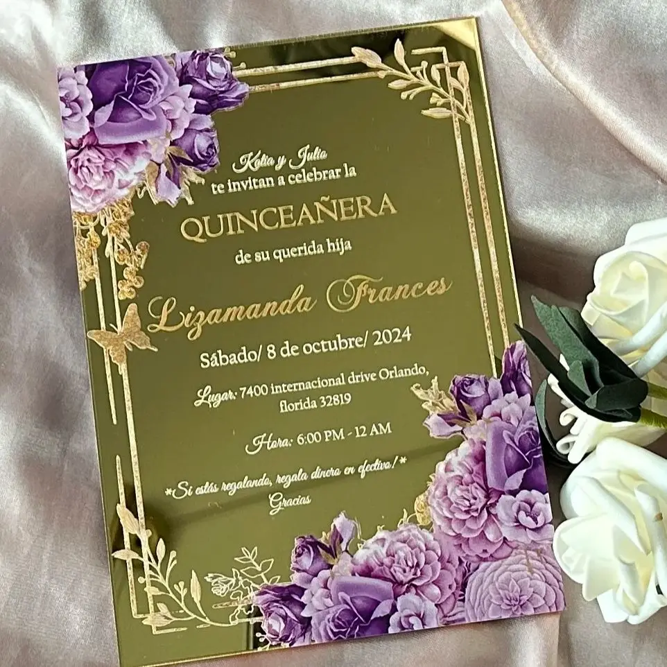 

Acrylic Quinceanera Invitation Card Custom Mirror Gold Purple Floral Birthday Invitation Party Favor Gift Decoration 10Pcs