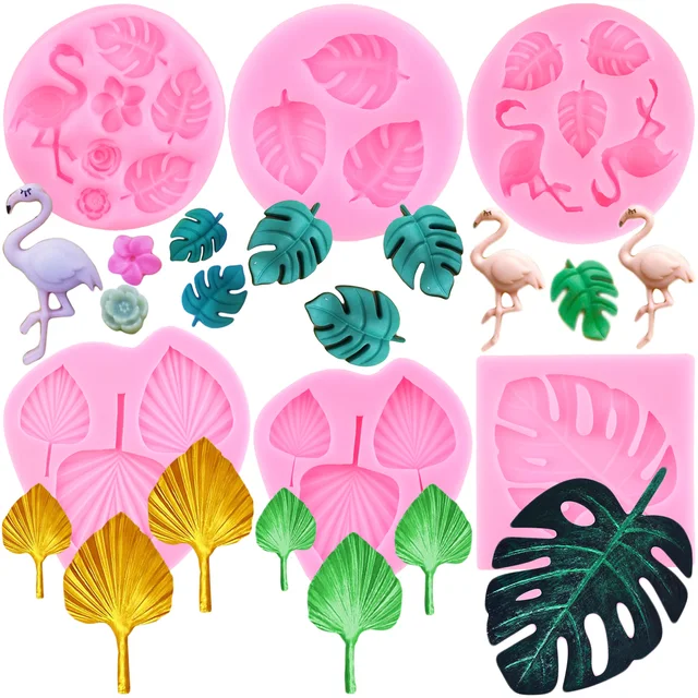Trópusi Pálma Levél Szilikon Penész Ventilátor Flamingo Monstera Fondant Sütemény Díszítő Szerszámok Cukorkás Csokoládé Gumpaste Penészek