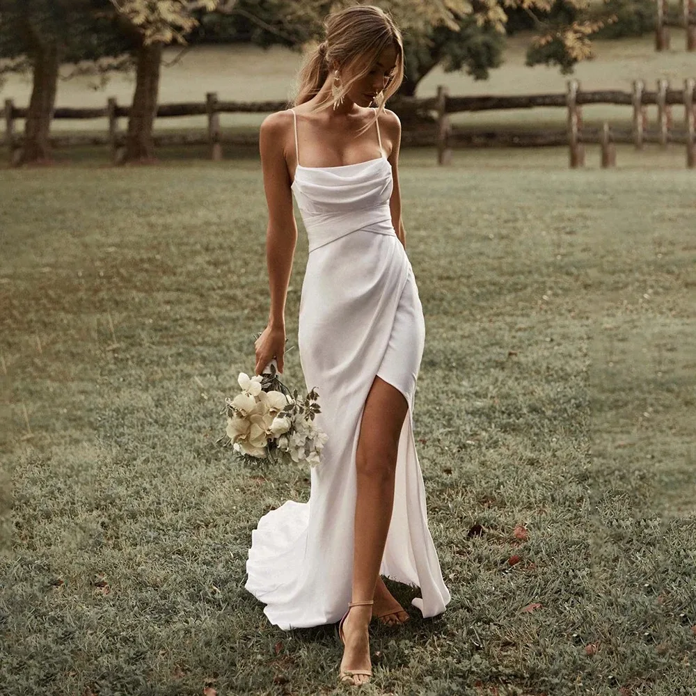 

Simple Mermaid White Wedding Dress Spaghetti Straps High Slit 2024 Backless Plain Bridal Gown Beach Vestido de Novia