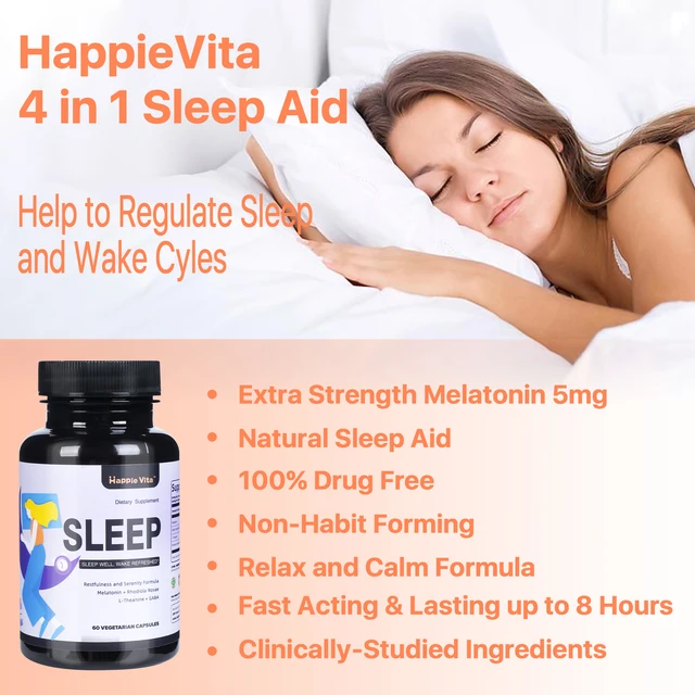 1183-6b1ef6.jpg HappieVita 4 in 1 Sleep Aid for Adults, Melatonin, Rhodiola Rosea, GABA and L-Theanine Relaxation and Sleep Supplement, 60 Capsu