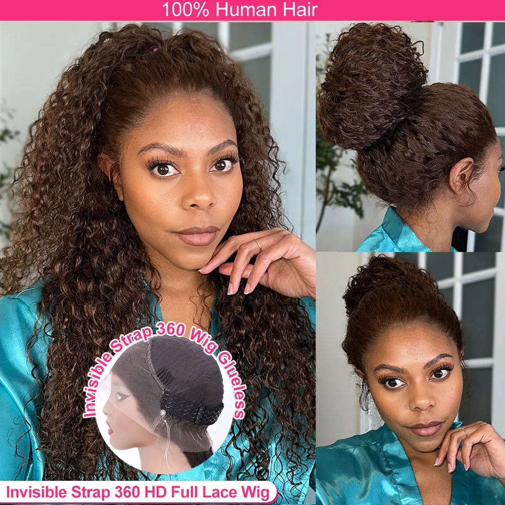Human Hair Wig Deep Wave Frontal Wig 30 Inch Invisible Strap 360 Full Lace Front Human Hair Wig Water Wave Colored Chocolate Brown Glueless