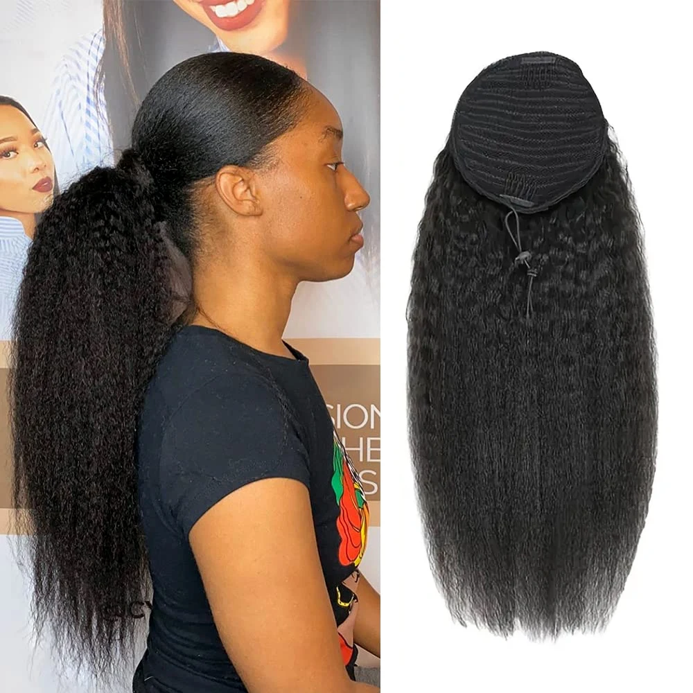 26 Inch Kinky Straight Ponytail Extension 100% Human Hair Drawstring Ponytail For Black Women Curly Pony Tails Hair Extensions