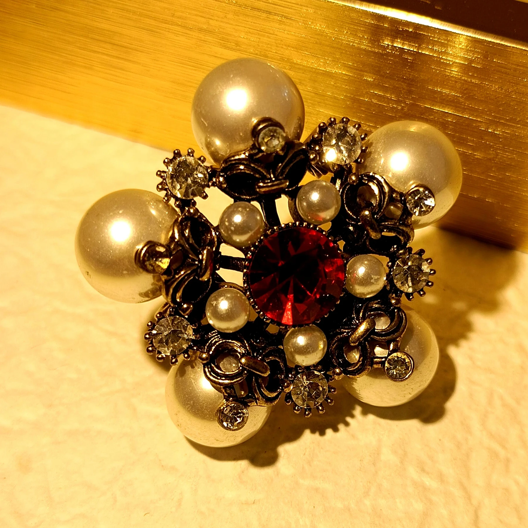 Retro Vintage Pearl and Red Star Brooch Pin Antique Collection Jewelry