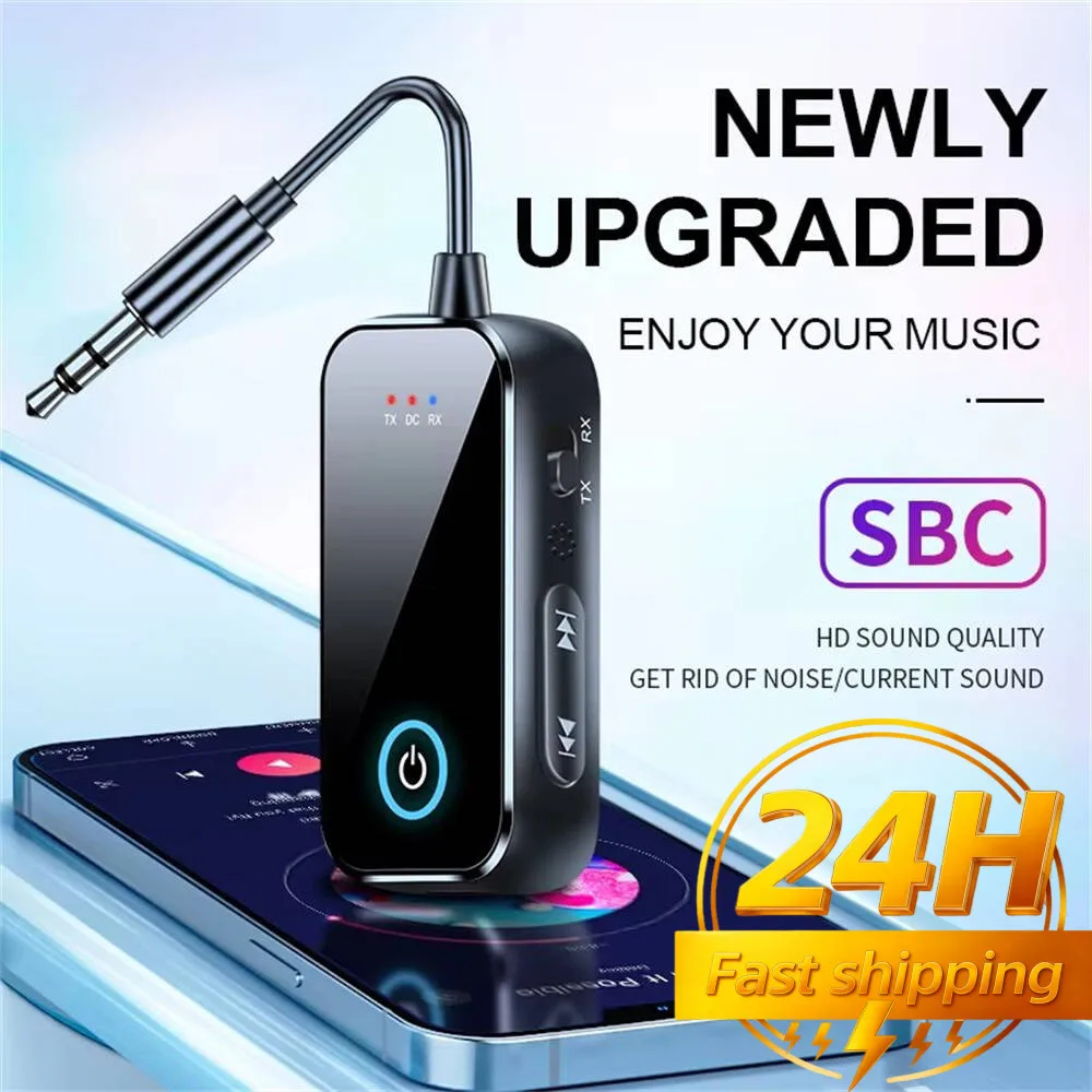 블루투스 6.0 AUX 오디오 송수신기 2 in 1 무선 어댑터 3.5MM 마이크 내장 하이파이 스테레오 음악 (자동차, TV, PC, 비행기용)