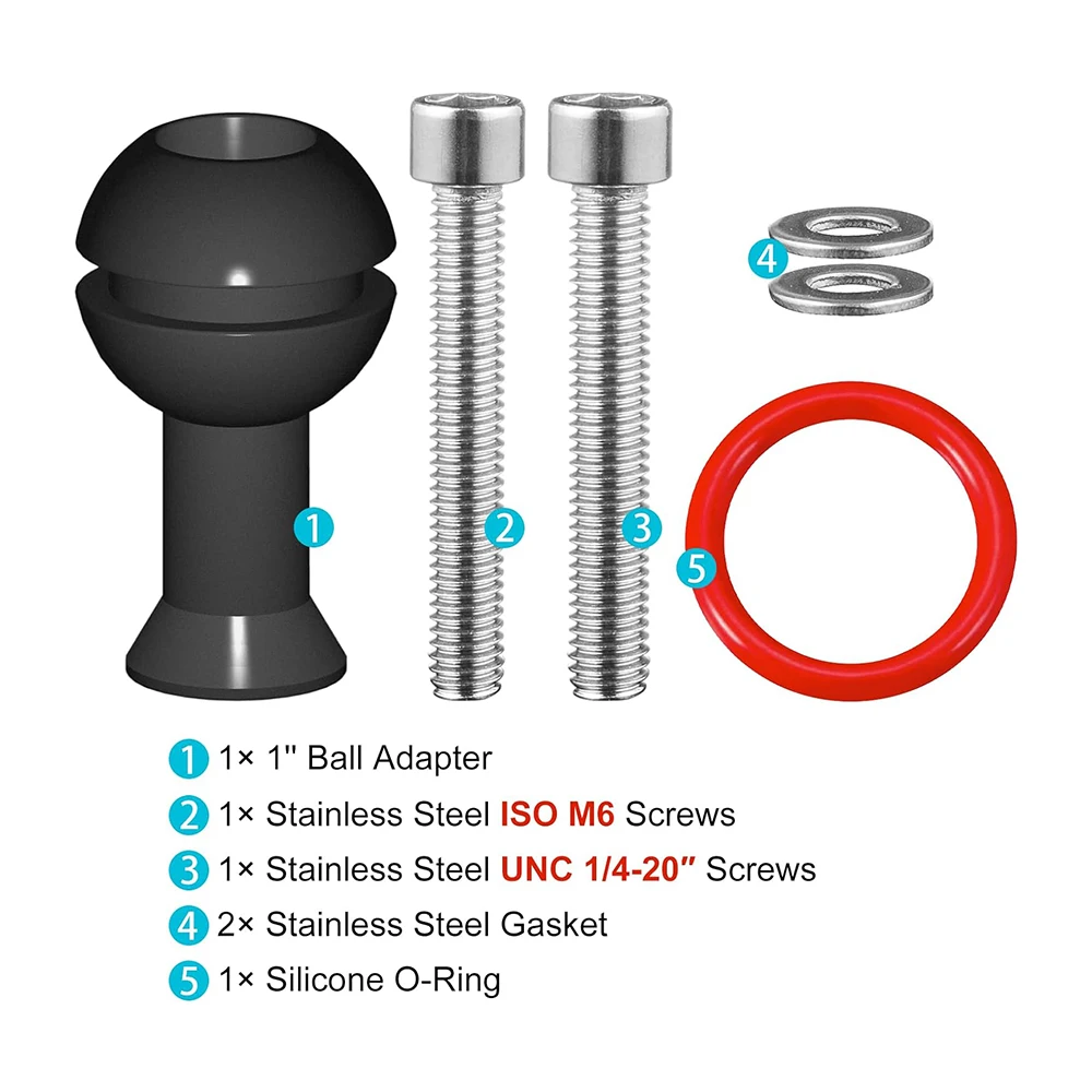 Ball Adapter 1'' inch M6 & 1/4''-20 Screw Ballhead Mount Underwater Tray Bracket Extended Flashlight Light Arm System