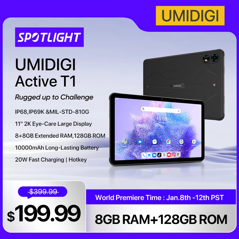UMIDIGI 액티브 T1 견고한 태블릿, 11 인치, 2K HD, 안드로이드 13, Unisoc T616, 8GB, 128GB, 10000mAh 메가 배터리, AI 얼굴 잠금 해제, 월드 프리미어