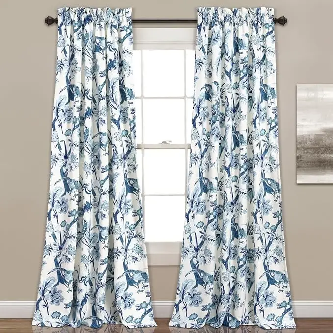 52" W x 84" L Light Filtering Window Panels, Pair, Blue Toile Curtains with Floral Bird Print, Ideal for Grandmillennial, French 2