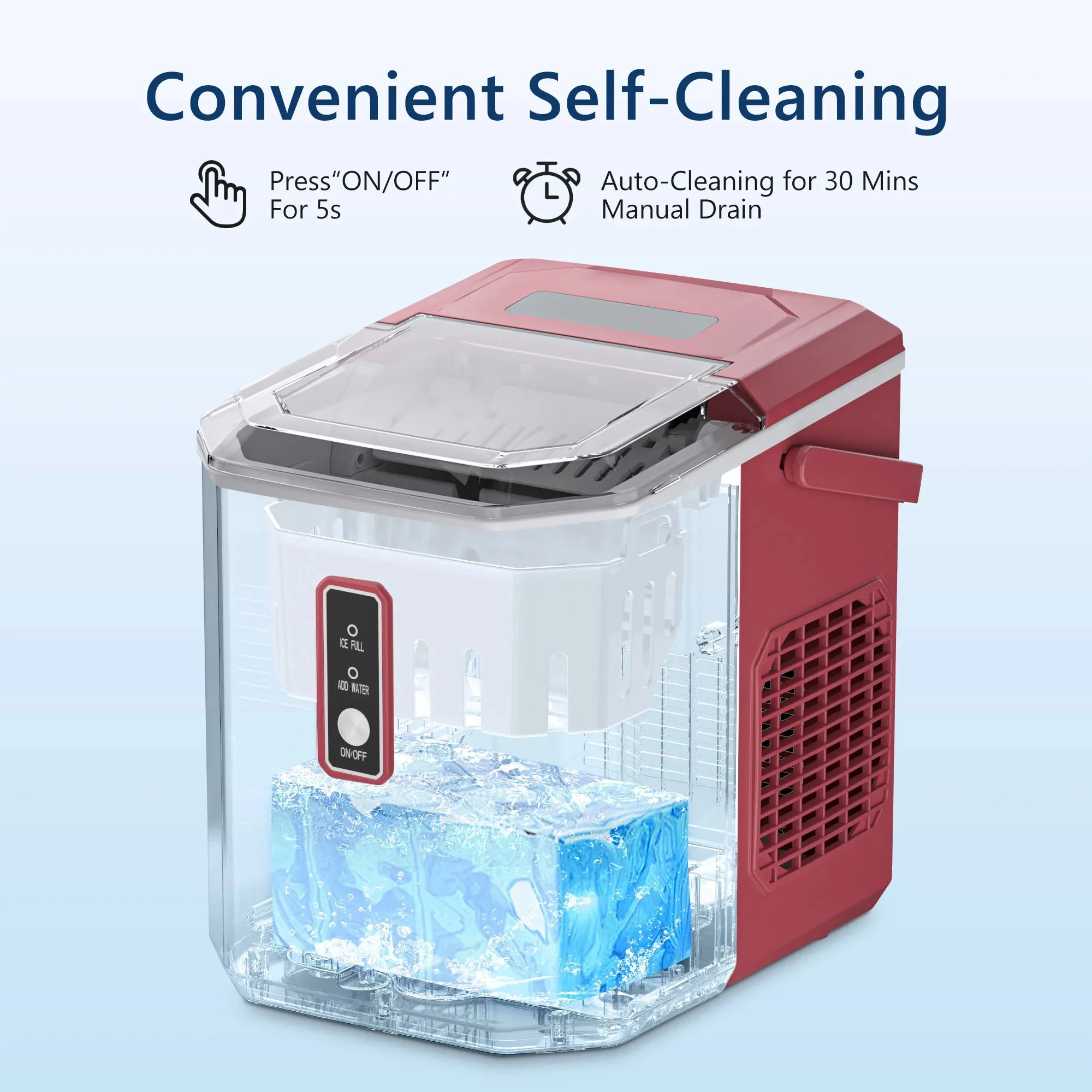 SIMZLIFE Ice Maker Countertop , 26.5 lbs/24H, 9 Cubes in 6 Mins,Self-Cleaning, Portable Ice Maker with Handle for Home,Red 6
