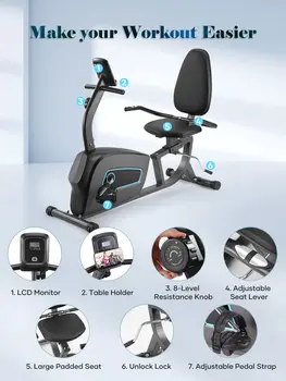Recumbent Exercise Bike for Home Stationary Bike Sturdy Quiet 8 Levels Recumbent Bikes Large Comfortable Seat Heart Rate Handle 4
