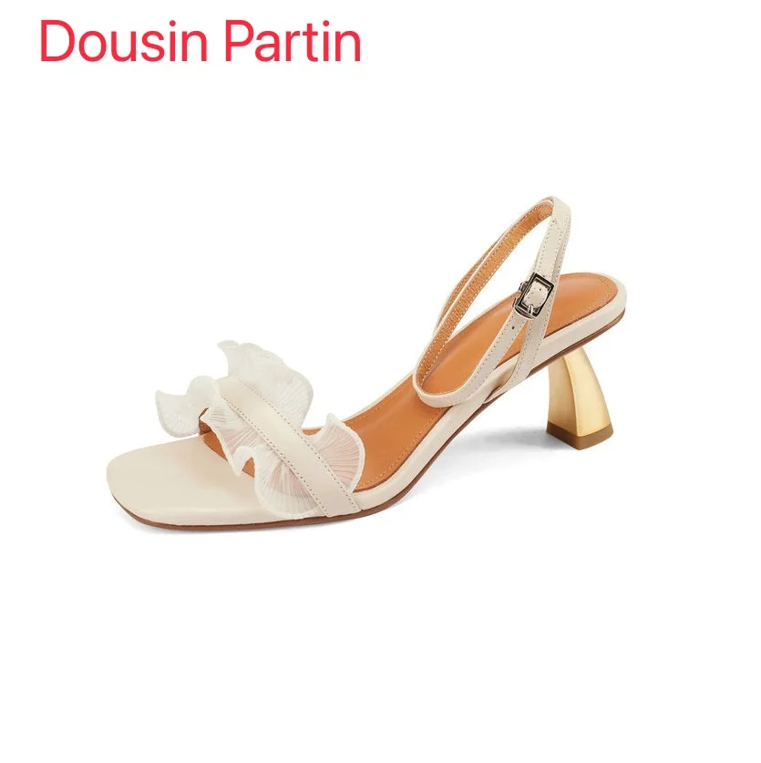 Dousin Partin Ankle Strap Hoof High Heels Platform Female Square Toe Lace Sandals Genuine Leather Summer Women Shoes
